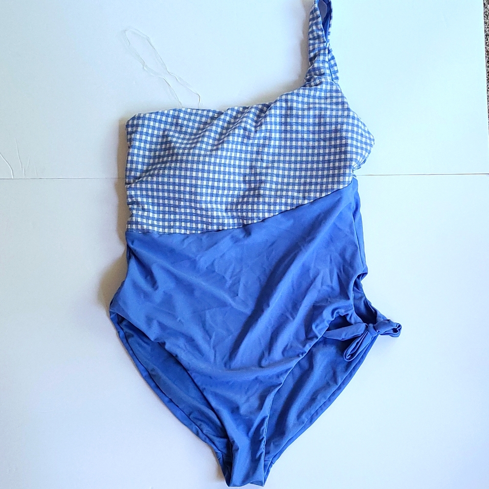 14 light blue gingham one shoulder hip tie one piece swimsuit beach pool